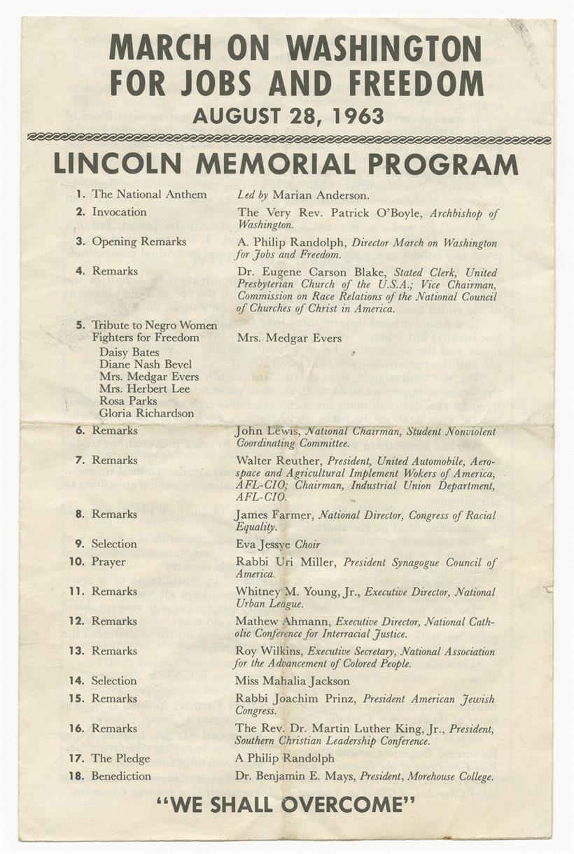 Program agenda for the August 28, 1963 March on Washington for Jobs and Freedom