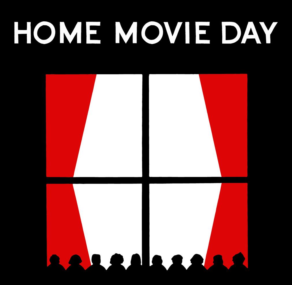 Home movie day logo with silhouettes of an audience viewing the curtains opening up on a screen.