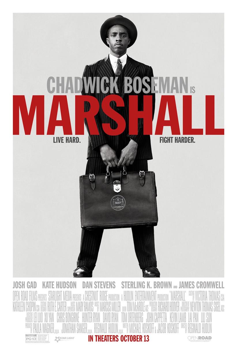 film poster image with Chadwick Boseman wearing a suit and holding a leather briefcase.