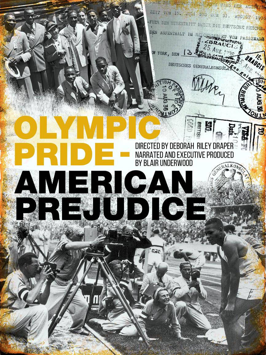 Film poster image including photos of a group of African American Olympians in business attire, a stamped passport, and Jesse Owens standing in front of the press at the 1936 Berlin Olympics Stadium.