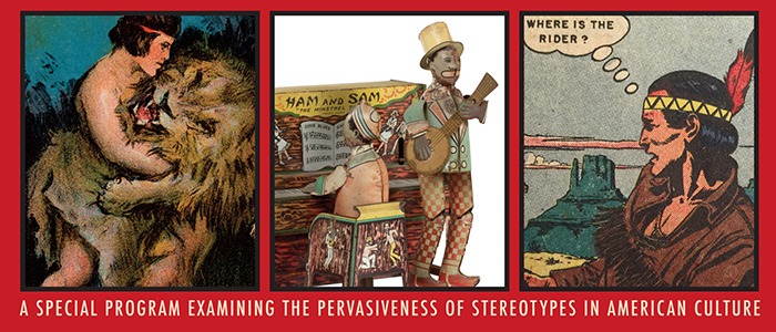 3 cartoon drawings showing stereotypical images of american indians and african americans