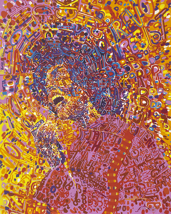 Brightly colored image of a woman with words.