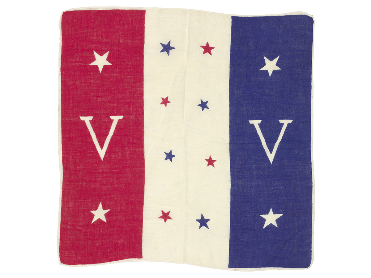 A red, white, and blue handkerchief with a "V" on the red and blue sides.