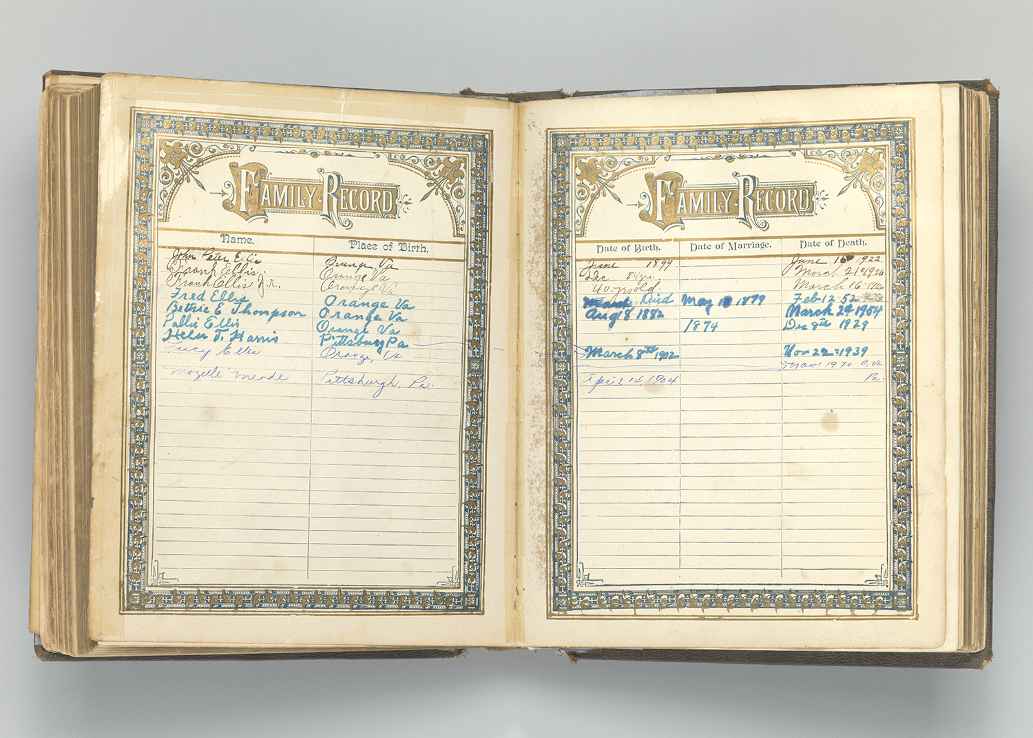 A family bible with names written in.