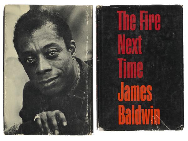 Left, James Baldwin, Right, cover of his non-fiction book, The Fire Next Time