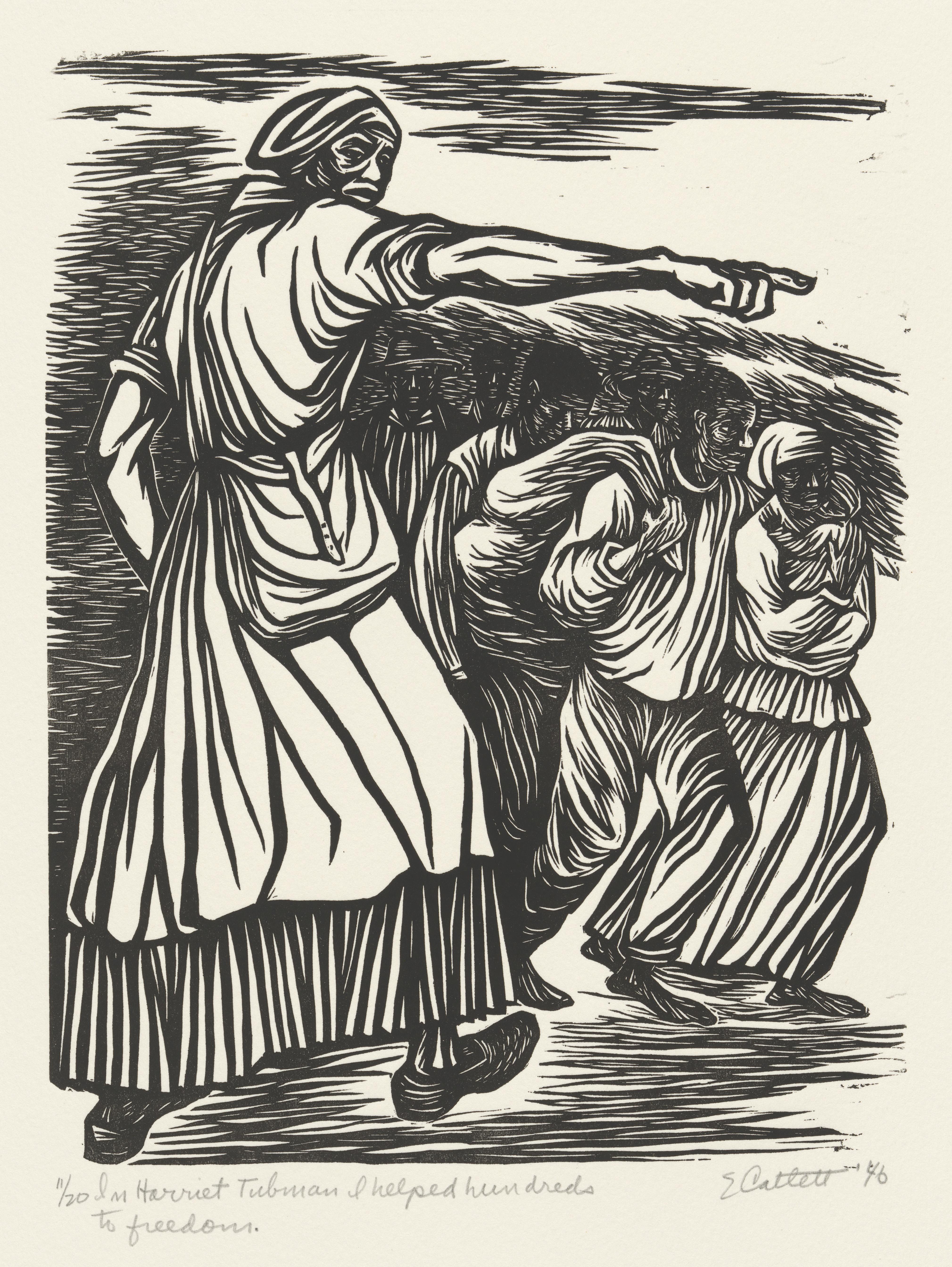 This black and white linocut depicts Harriet Tubman directing a group of individuals.