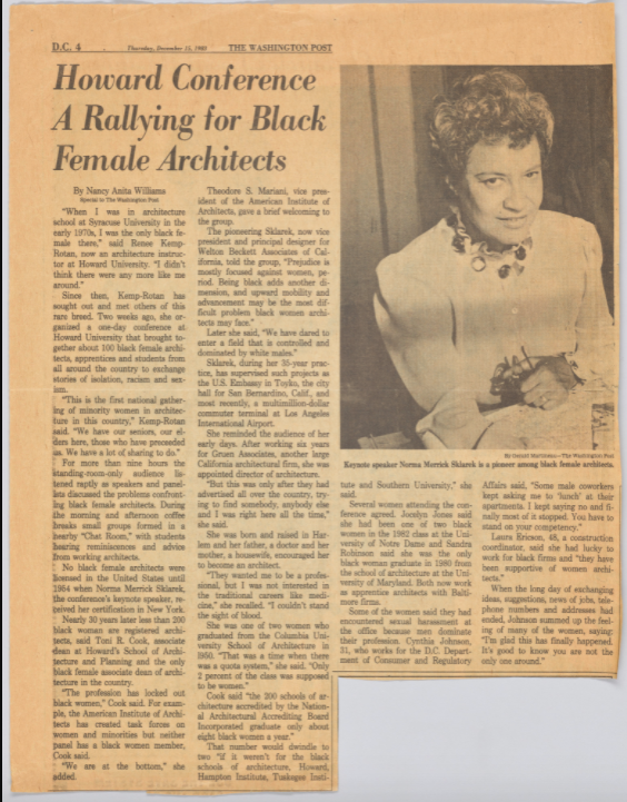 Newspaper clipping of Norma Sklarek. Headline reads "Howard Conference a rallying cry for Black Female Architects