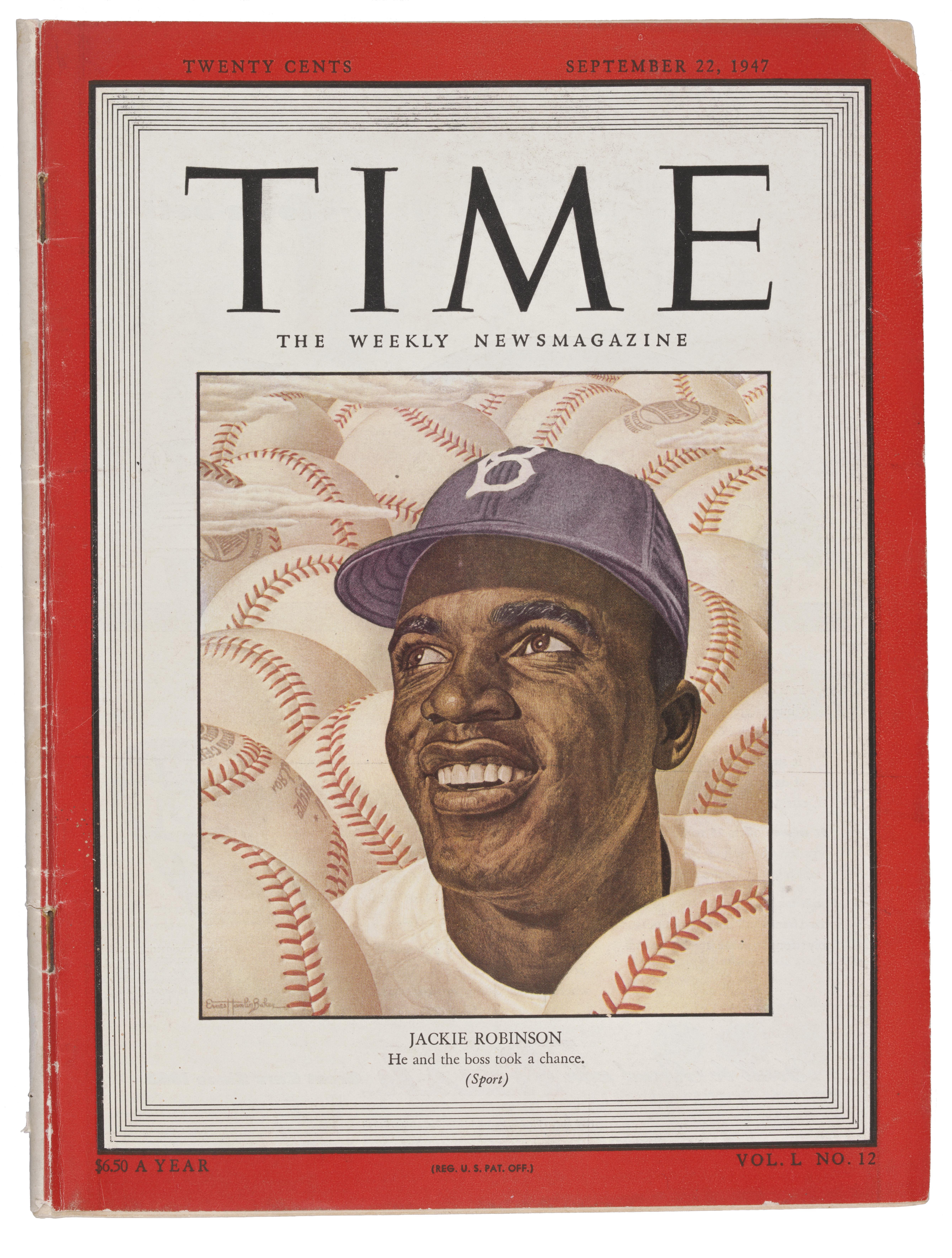Time Magazine cover with Jackie Robinson surrounded by baseballs.