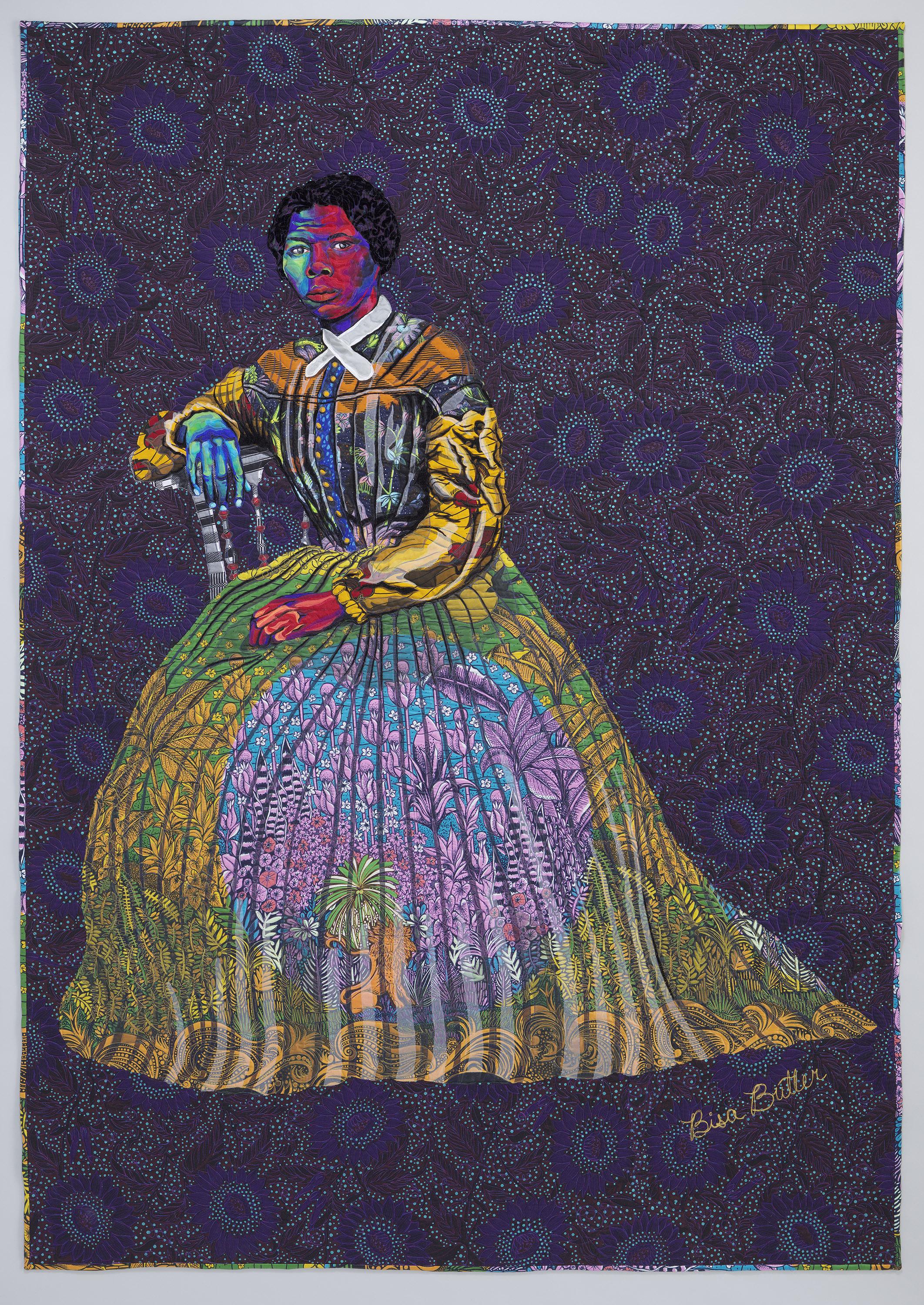 A quilted and appliqued textile portrait of Harriet Tubman