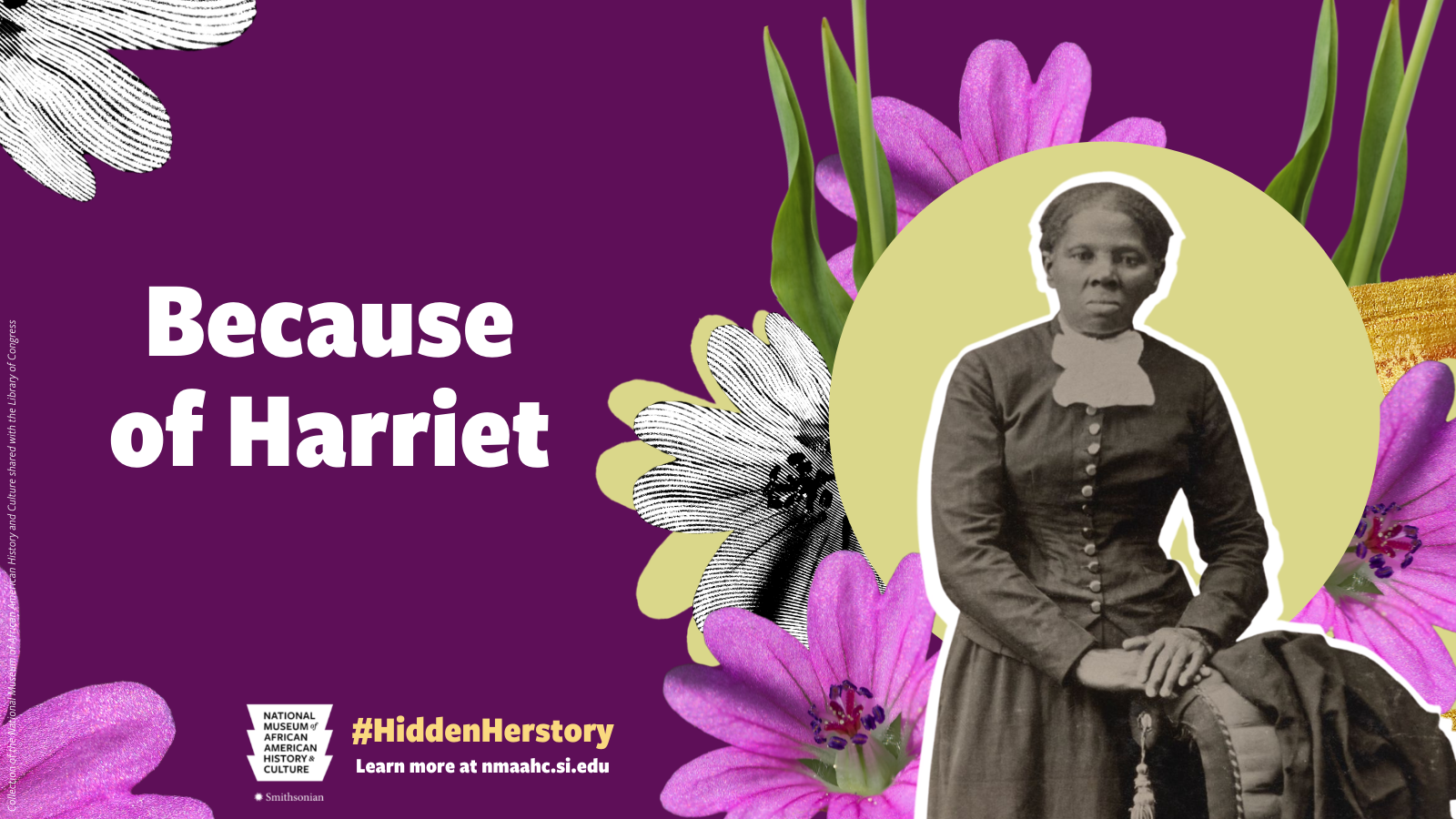 Historical graphic image of Harriet Tubman with a purple background and flowers