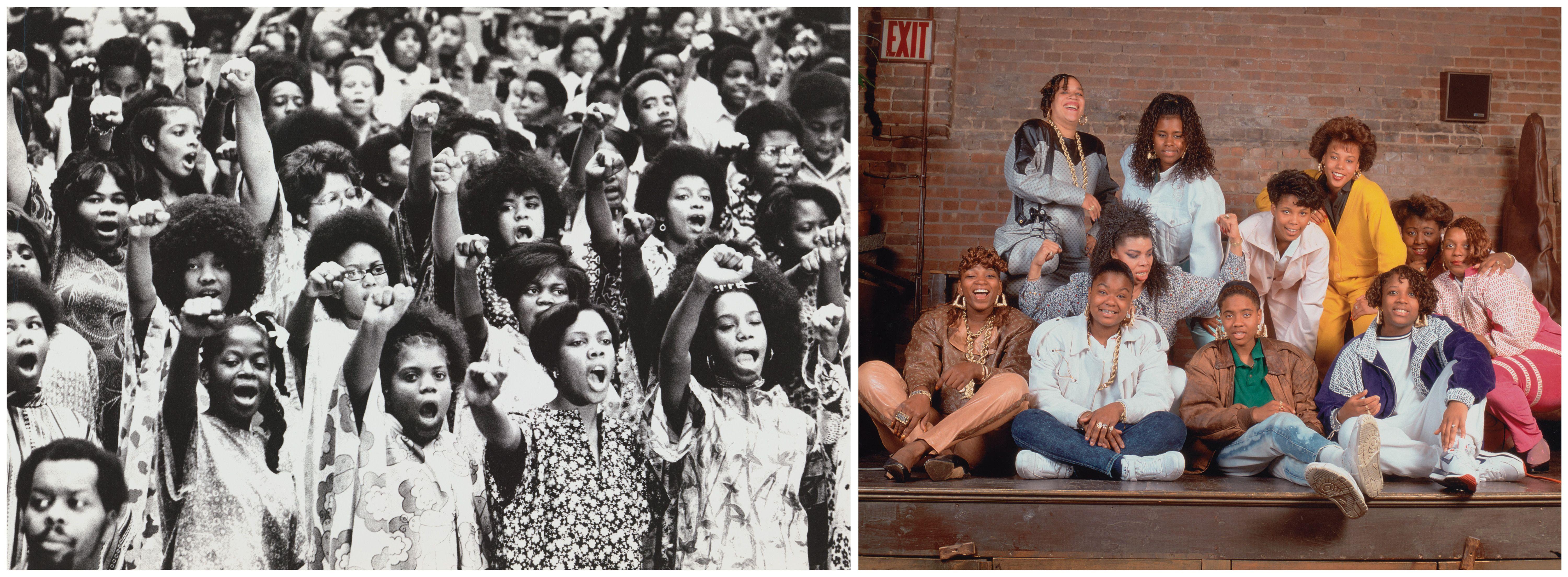 Two images placed side by side, an image of a crowd of women with afros with their right fists raised on the left, and a group of your female rappers on a stage on the right