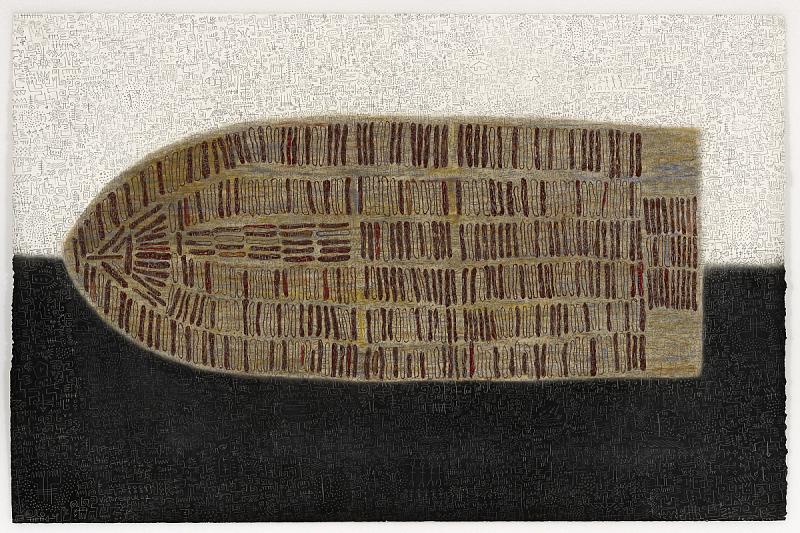 Illustration of a ship hold transporting captive Africans superimposed above a split indigo and sand colored background