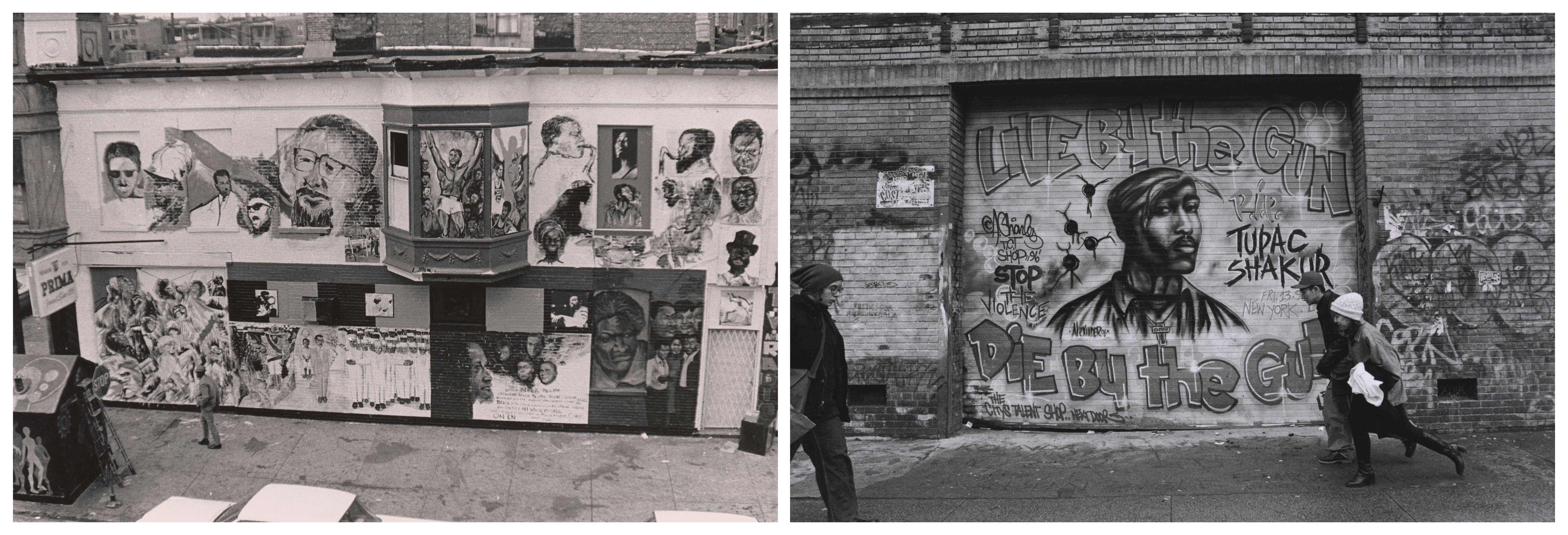 Two images placed side by side, an image of a graffiti mural on the left and an image of a graffiti image of Tupac Shakur along with other markings on a brick wall