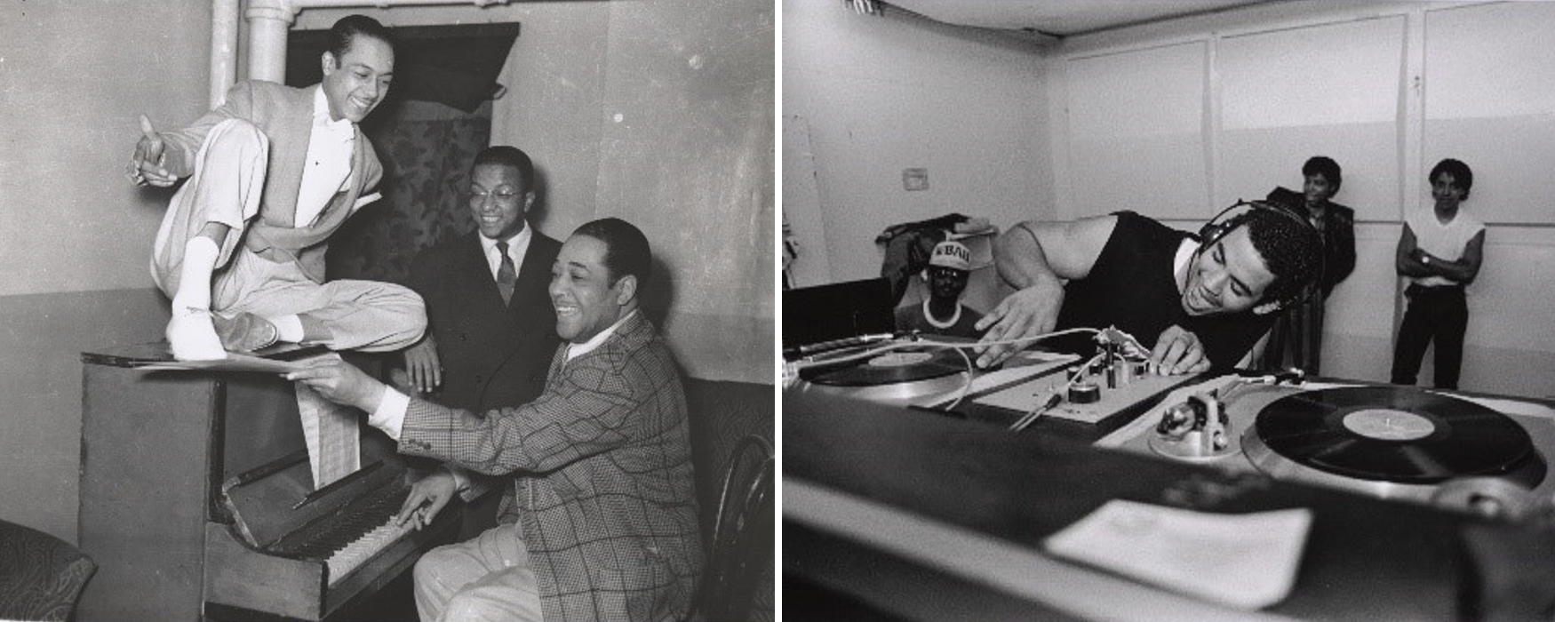 Two black and white images side by side with an image of 3 jazz musicians sitting around a piano on the left and a dj mixing on turntables on the right