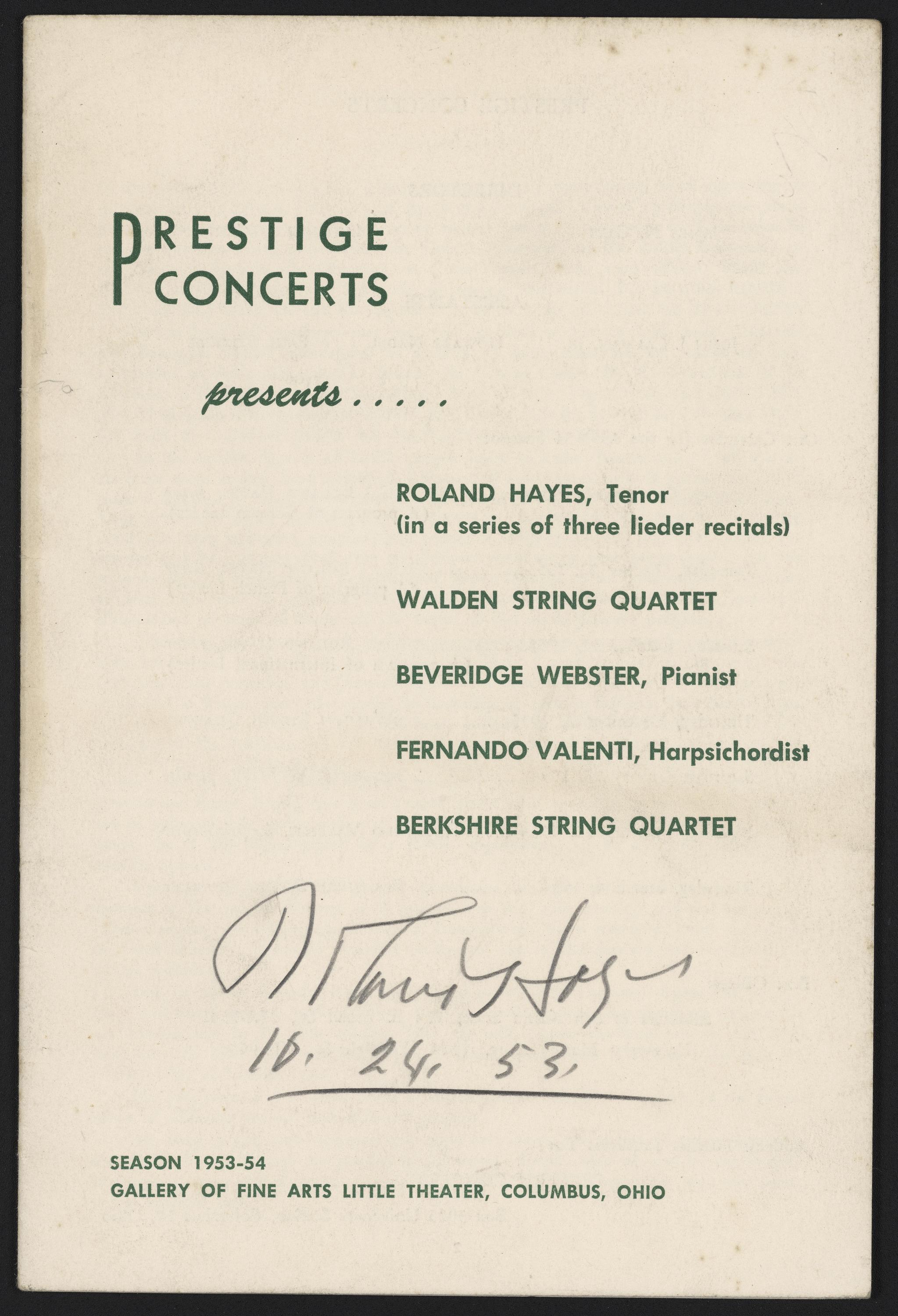 Cover of a program for a 1953 concert featuring Roland Hayes