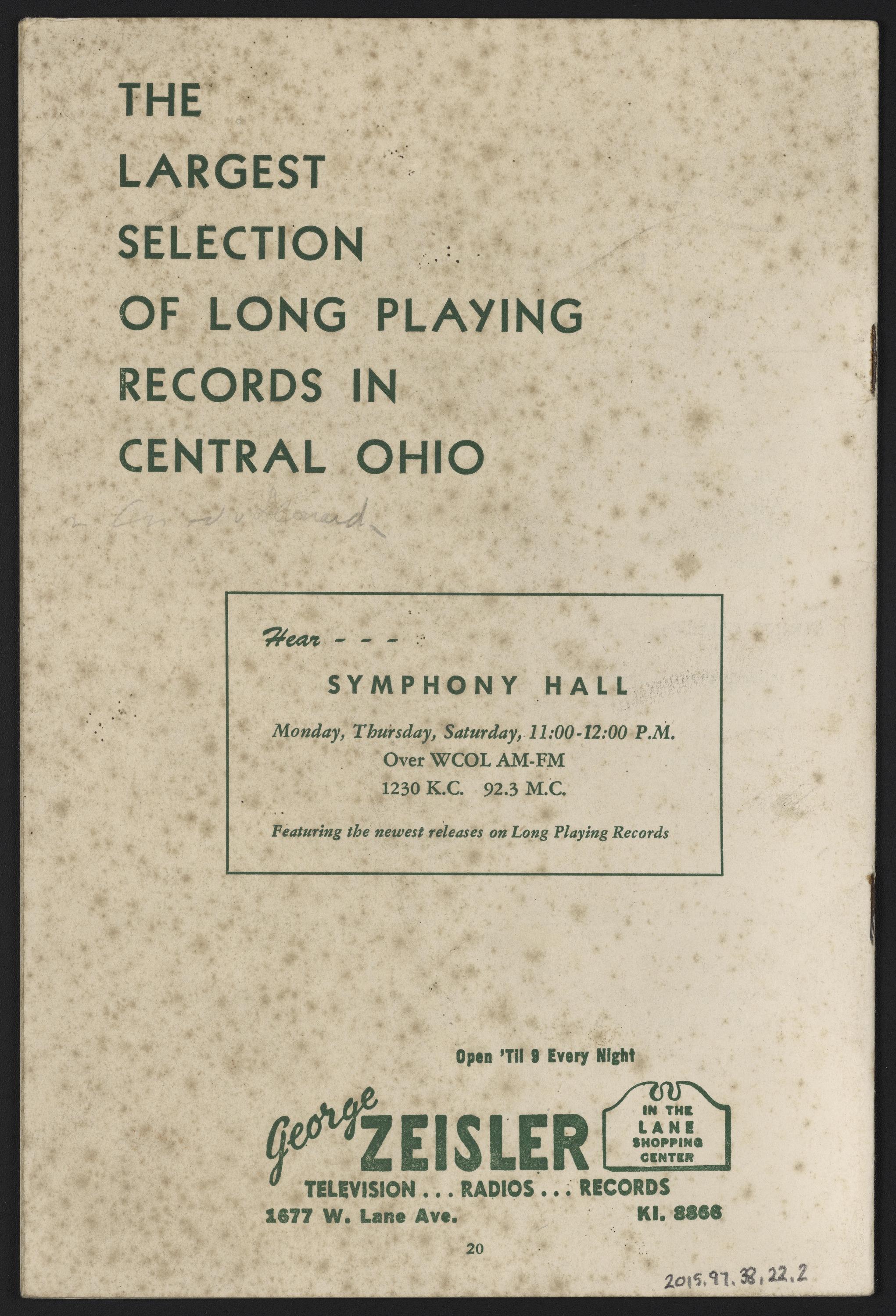 Back cover of a program for a 1953 concert featuring Roland Hayes