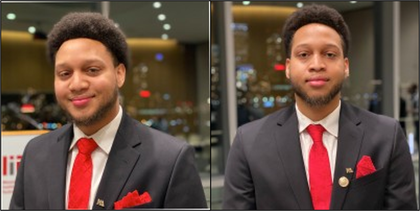 Side by side images of brothers Malik and Miles George wearing navy blue suits with red ties and pocket hankerchiefs