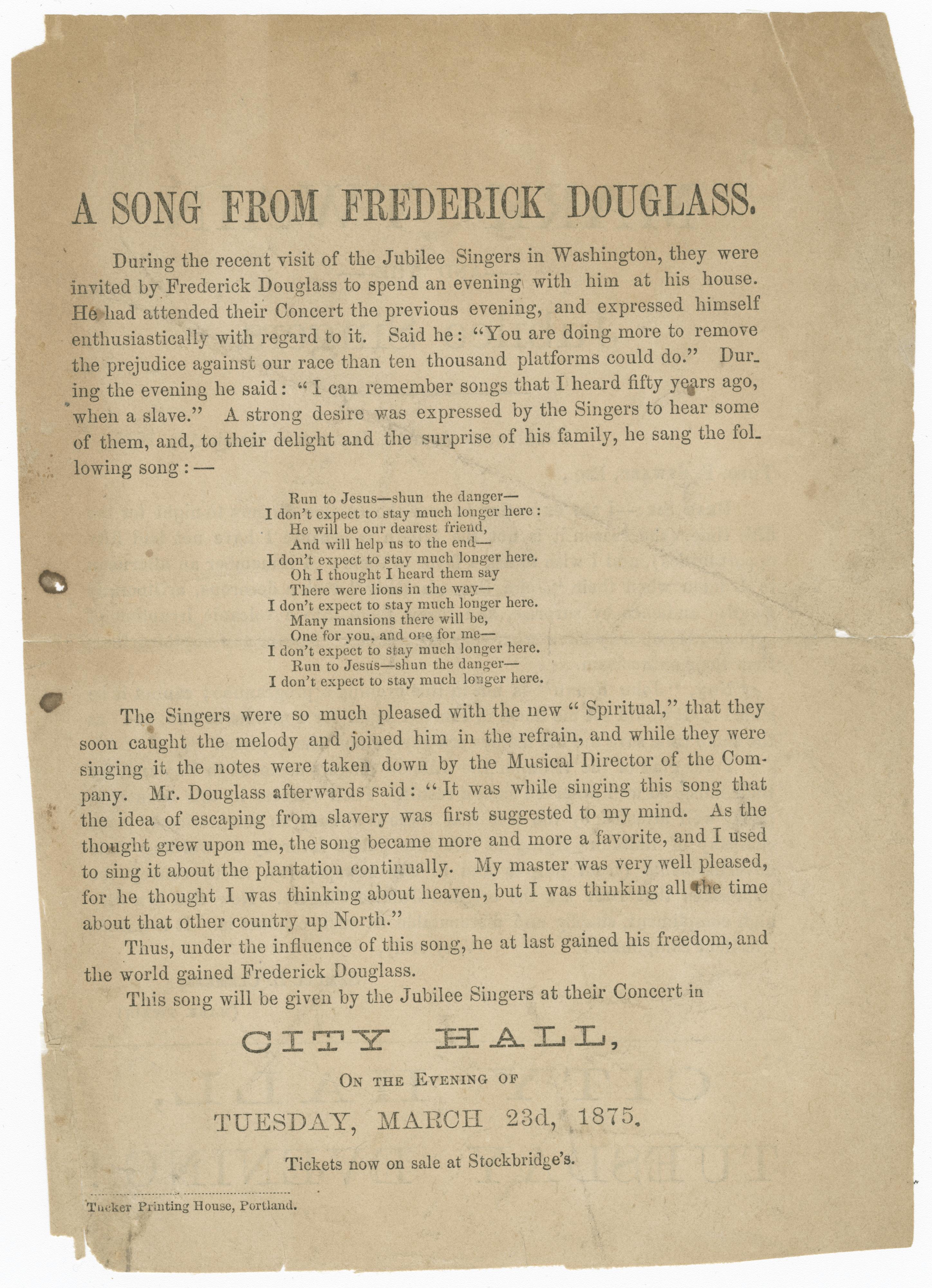 A handbill with information about a Fisk Jubilee Singers performance with Frederick Douglass.