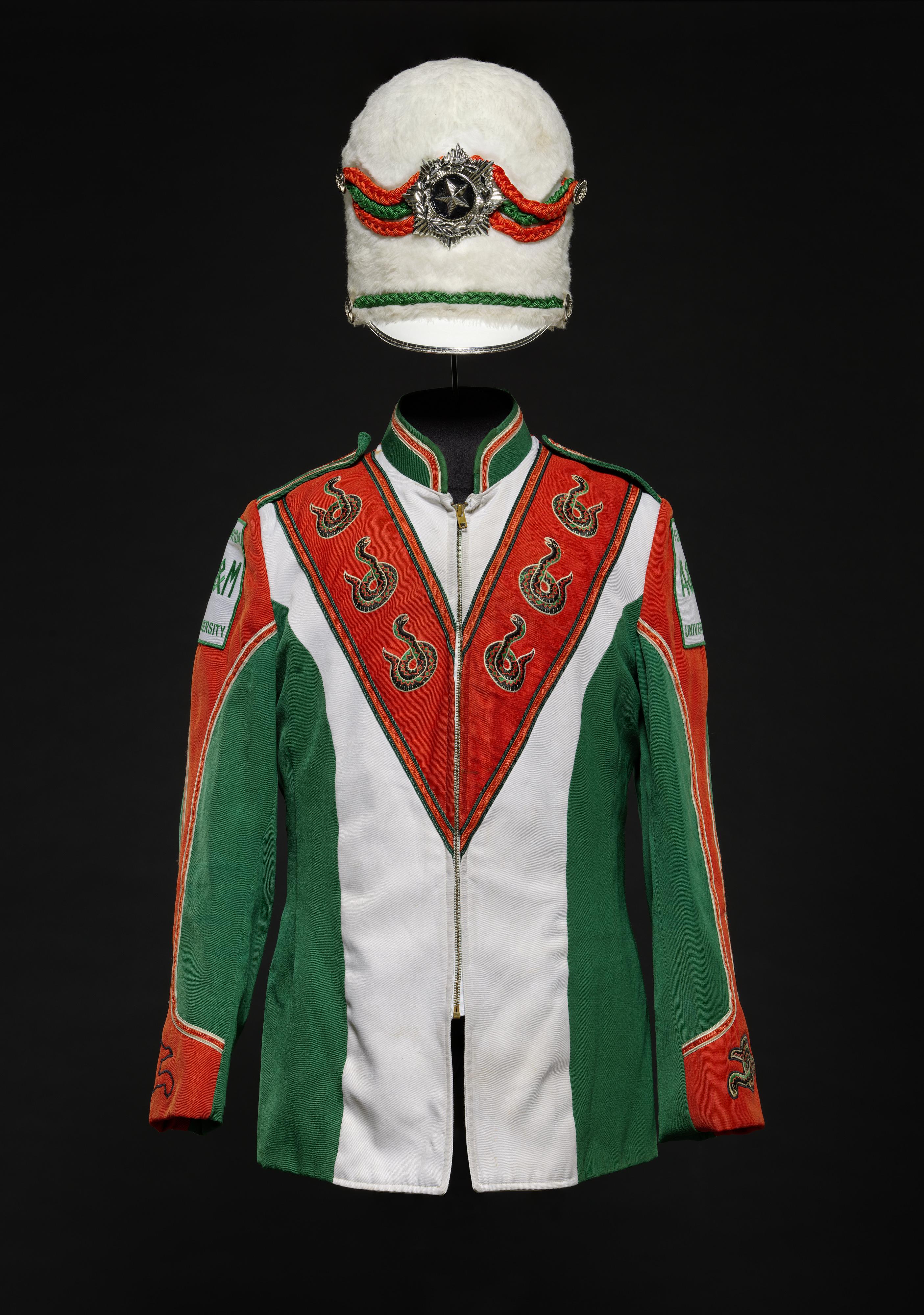 An orange, white, and green band jacket and shako for Florida A&M University.
