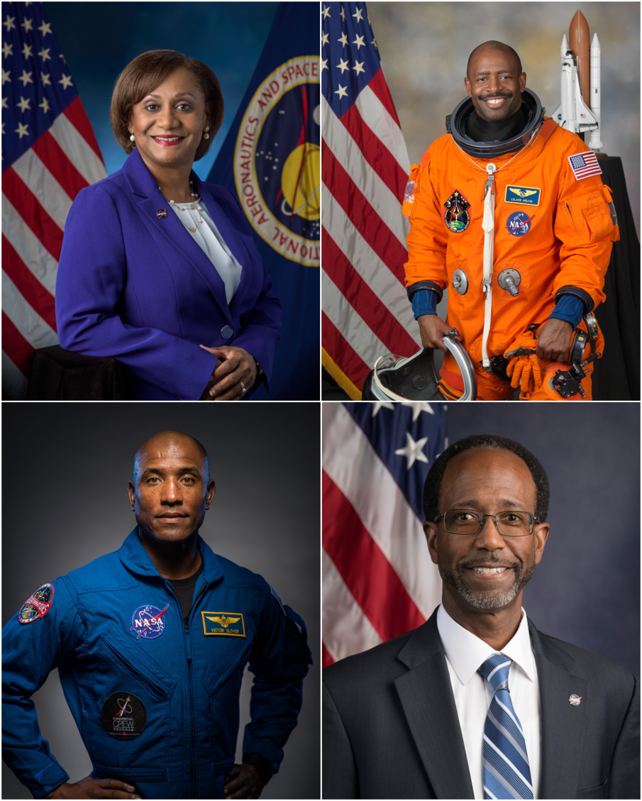 Four African American NASA employees including Victor Glover, Leland Melvin, Vanessa Wyche, and Clayton Turner