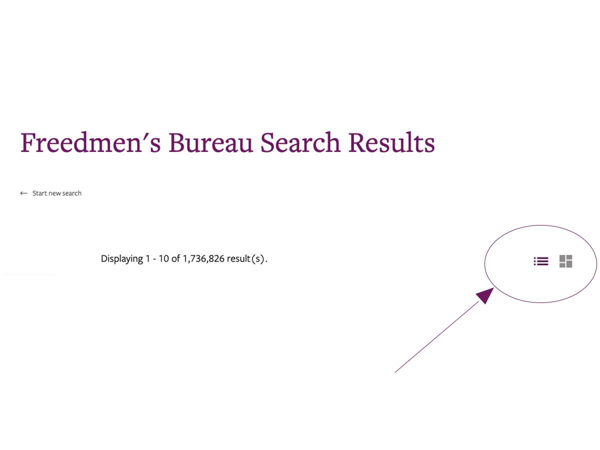 a screen shot of the Freedmens' Bureau Search portal list and grid view icons