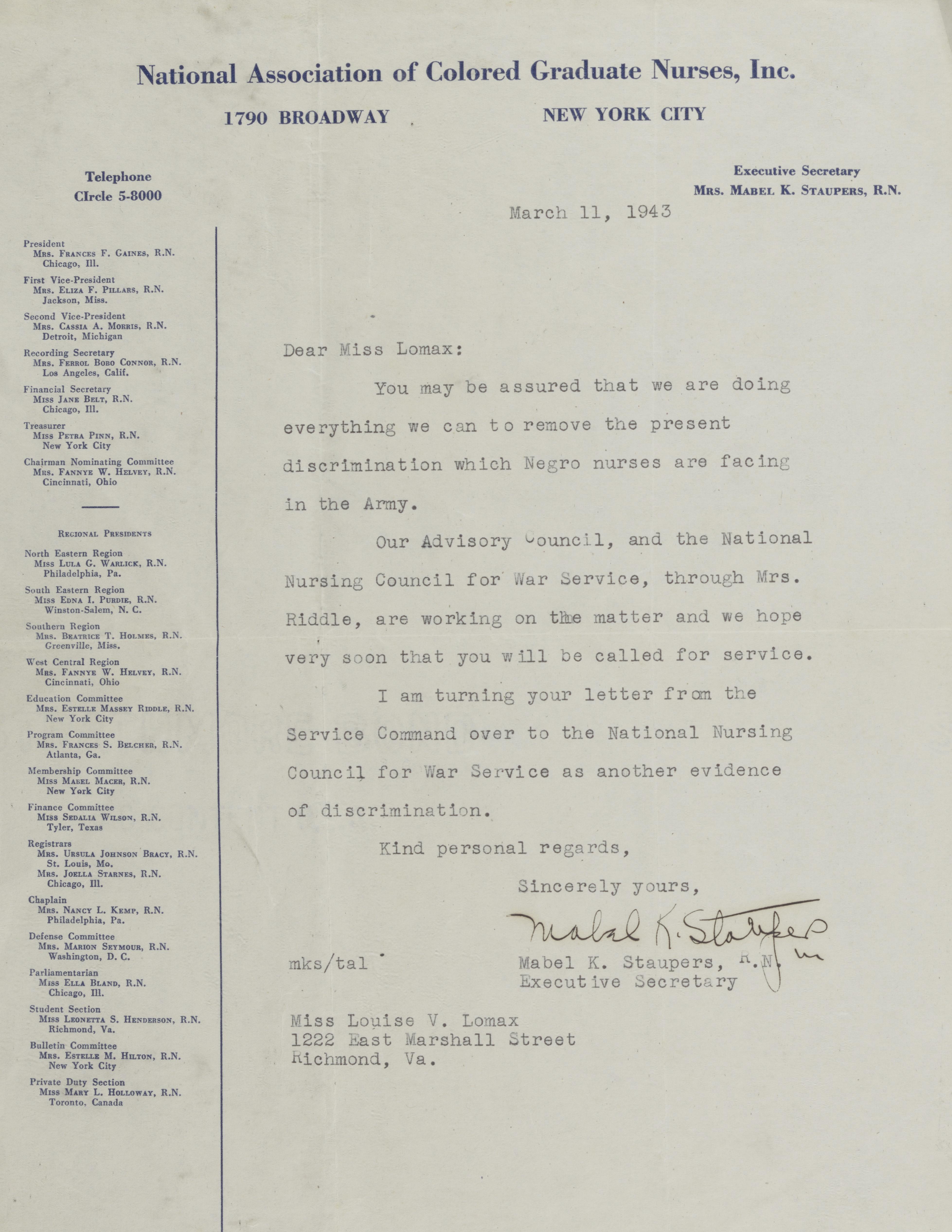 A document from the Executive Secretary of the NACGN.