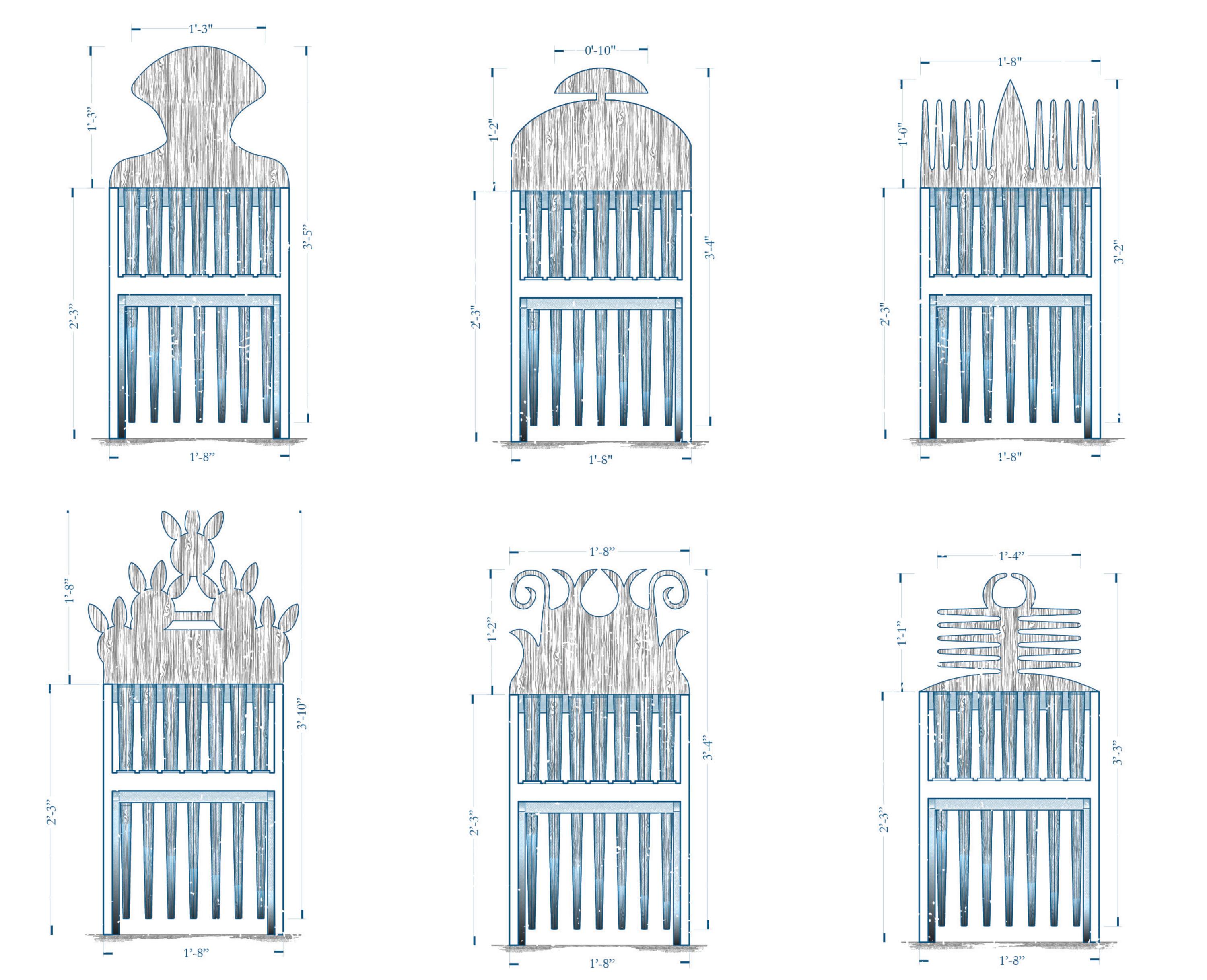 Blue and gray esign elevations for a series entitled Uneasy Lies the Head that Wears the Crown, by Germane Barnes.