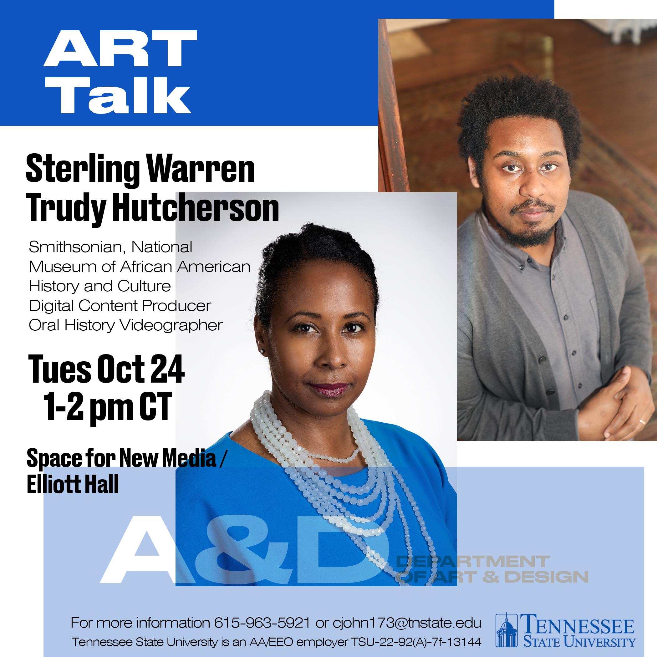 A promotional flyer for a Community Curation event with Sterling Warren and Trudy Hutcherson