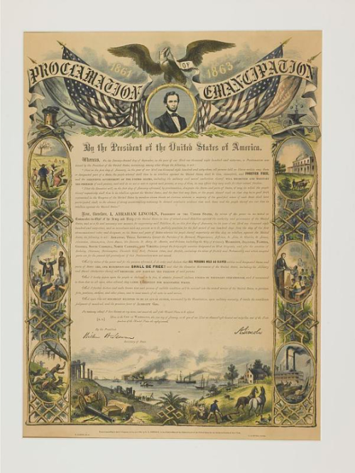 Publishers throughout the North responded to a demand for copies of Lincoln’s proclamation and produced numerous decorative versions, including this engraving by R. A. Dimmick in 1864.