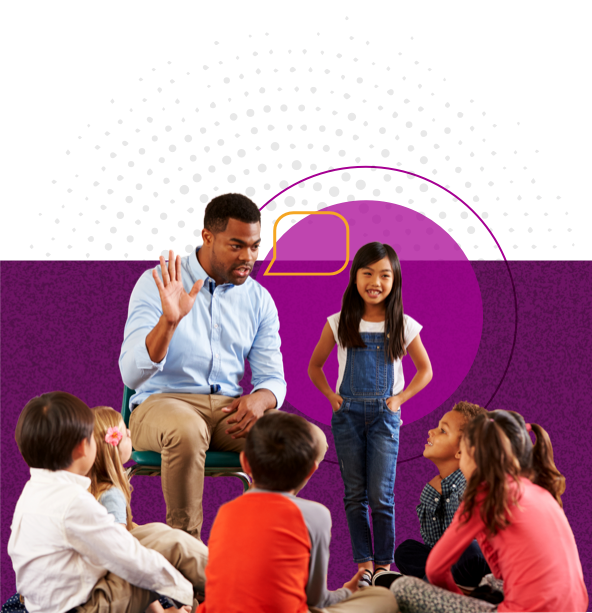 African American man representing an educator and a group of children in discussion