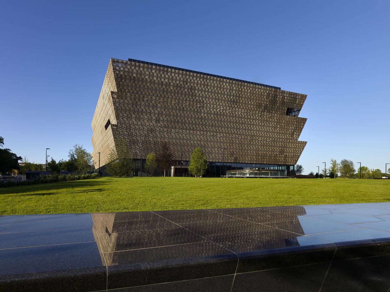 A color photograph of the outside of the National Museum of African American History and Culture in Washington, DC