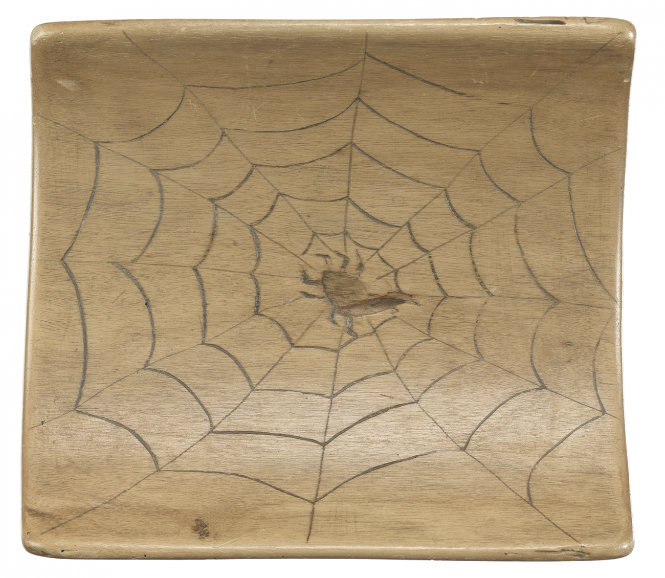 A wooden boat seat with a spiderweb and spider design.