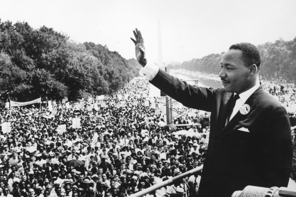 Martin Luther King Jr. addresses crowds during the March On Washington at the Lincoln Memorial, Washington DC, where he gave his 'I Have A Dream' speech.