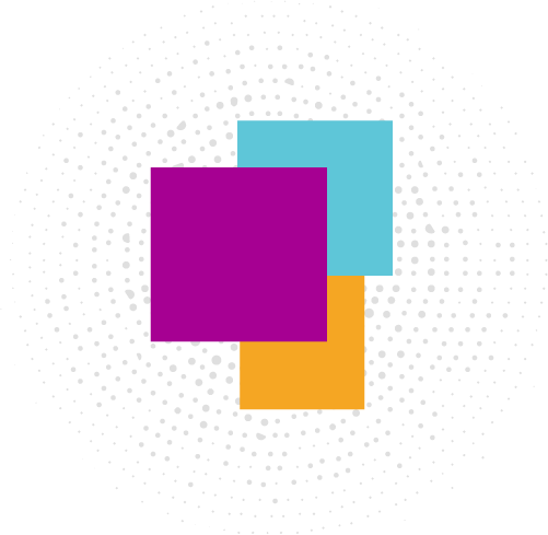 three overlapping square block icons, top one solid purple, second one solid turquoise, third and smallest one solid yellow.