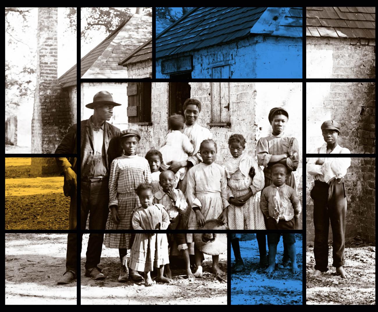 Black and White photo of an African American family in front of slave quarters.