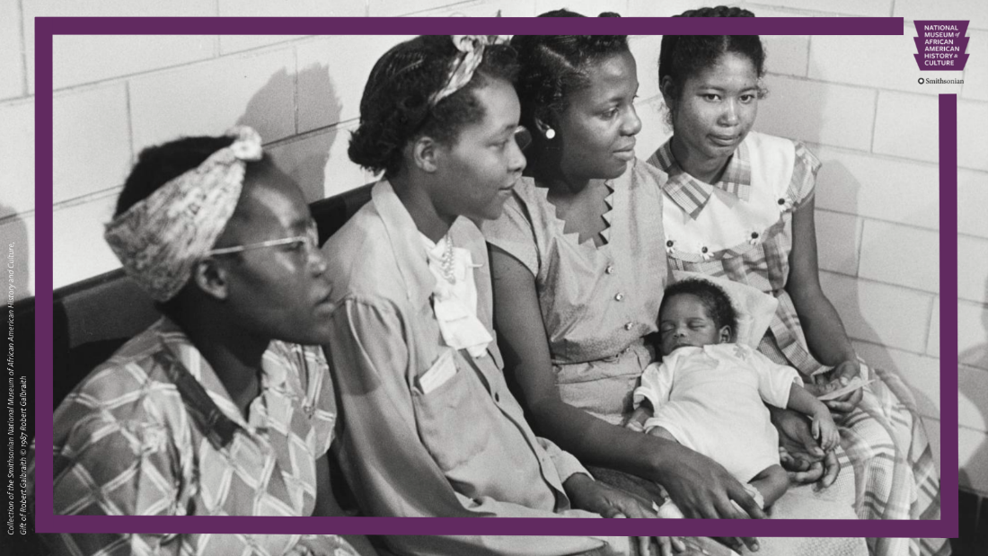 Banner for NMAAHC's Black History Month program featuring a black and white photo of several midwives