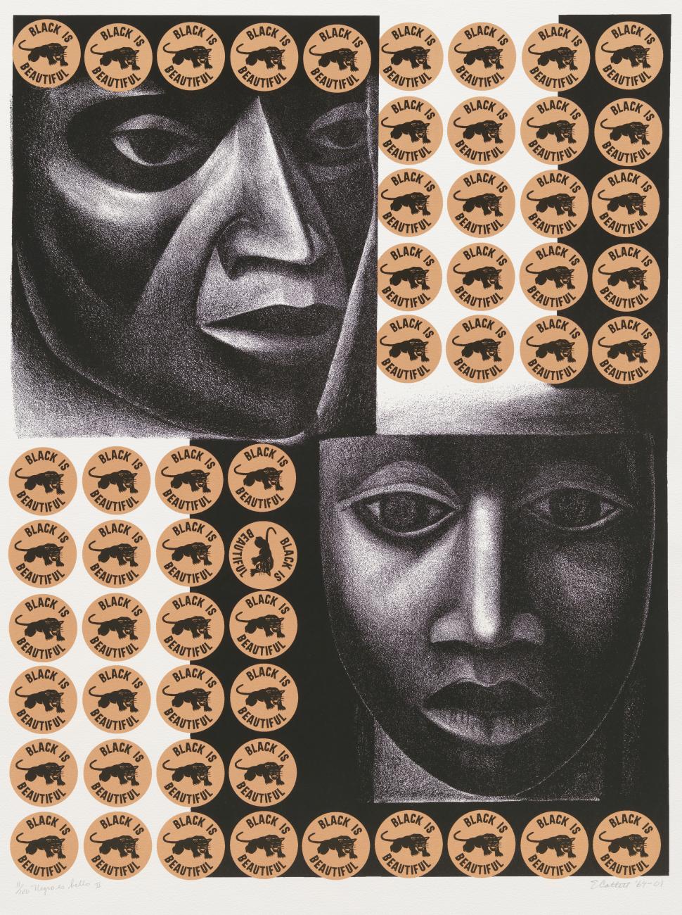 a lithographic print juxtaposing two black faces stylized as African masks framed by yellow circular emblems with a black panther in the center
