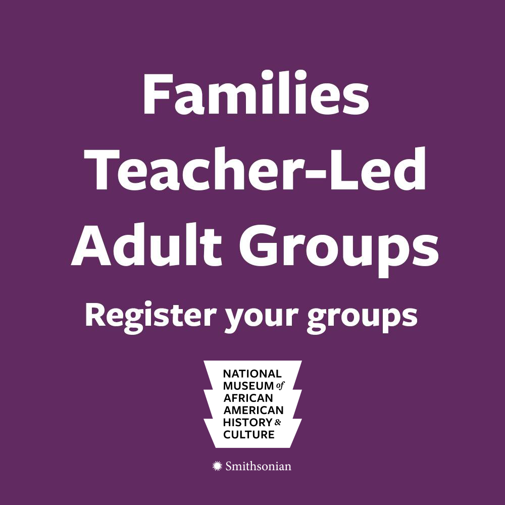 Square purple background with the text 'Families Teacher-Led Adult Groups Register your group'