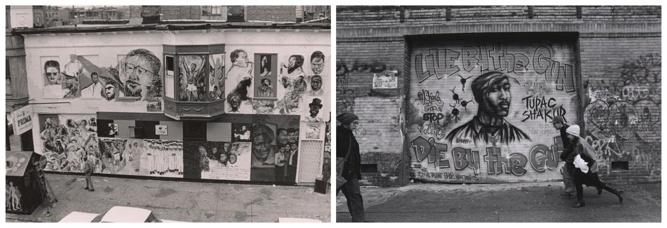 Two images placed side by side, an image of a graffiti mural on the left and an image of a graffiti image of Tupac Shakur along with other markings on a brick wall
