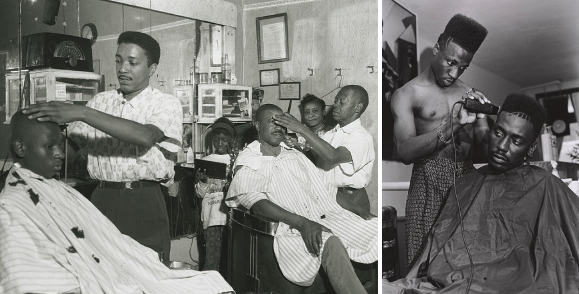 Two black and white images placed side by side, both of barbers cutting hair.
