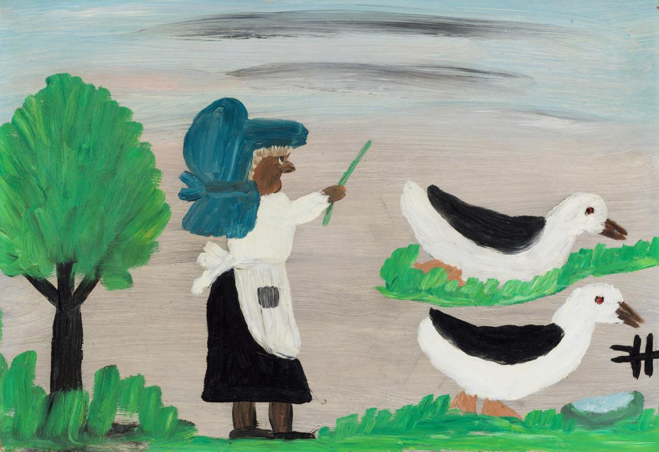 A painting of a woman standing behind two ducks. Her arm is raised and in that raised hand she holds a stick.