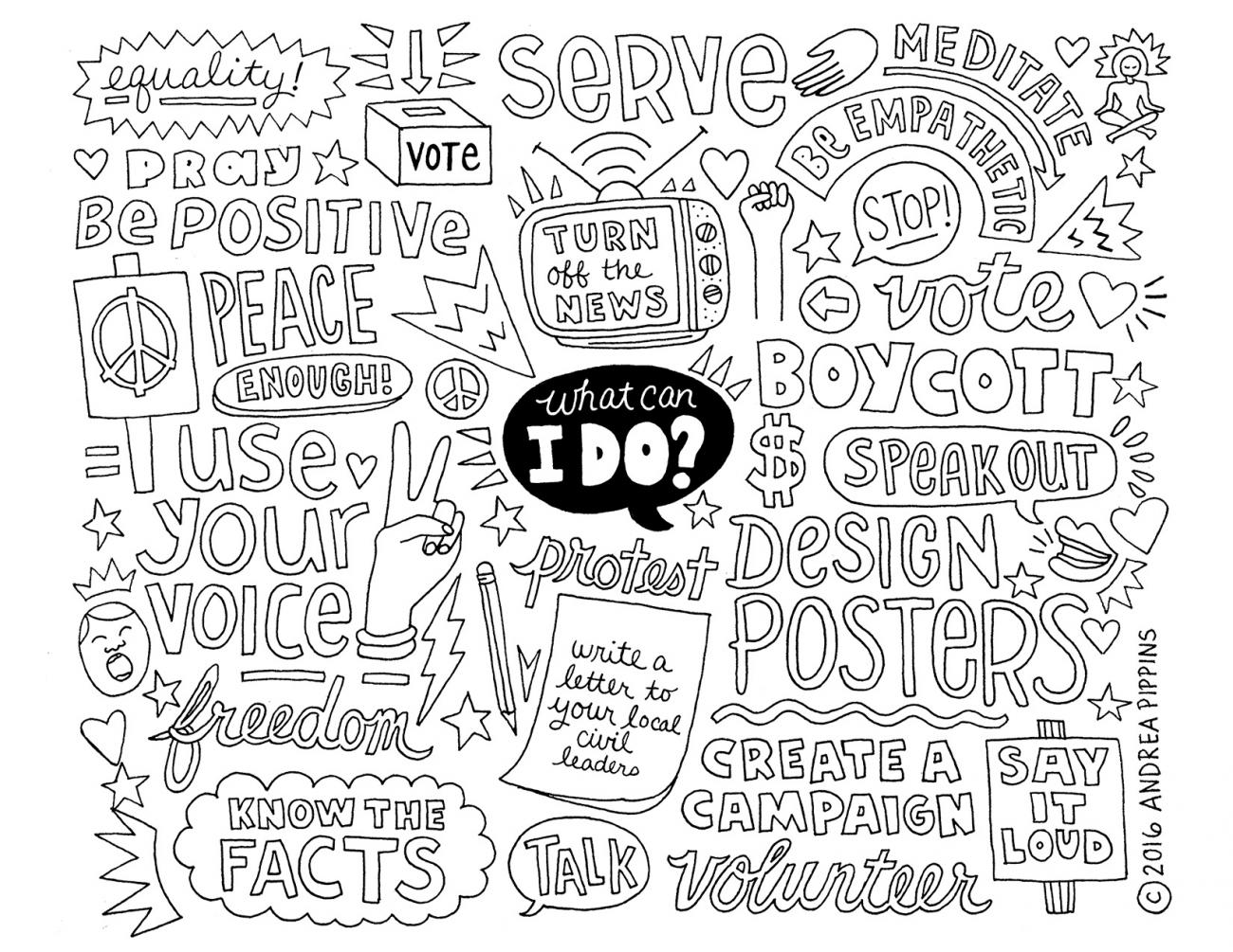 A sketch consisting of suggestions for how a person can become involved in social justice done in different types of hand-lettering surrounded by illustrations