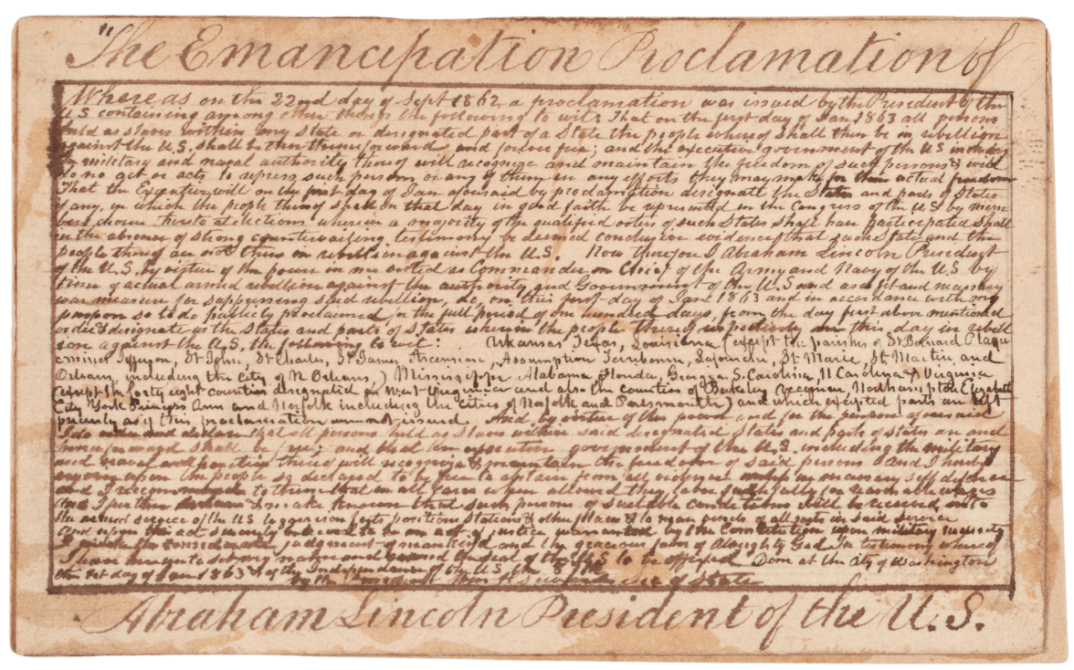 handwritten manuscript of Emancipation Proclamation on card 