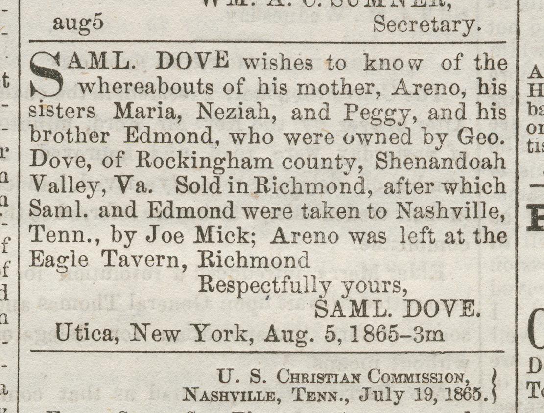 An advertisement in a newspaper posted by Samuel Dove who is looking for his mother, two sisters and brother. 