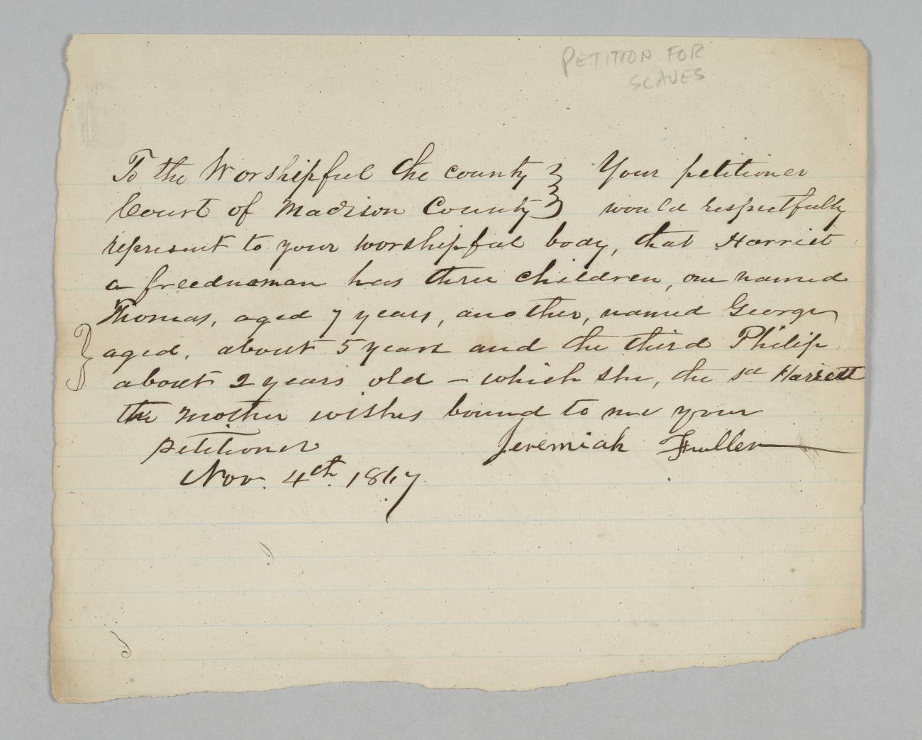 A handwritten petition to the county court of Madison County