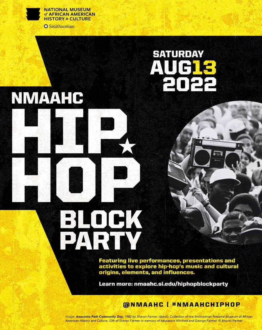 Yellow and Black Flyer announcing the Hip Hop Block Party Event in August