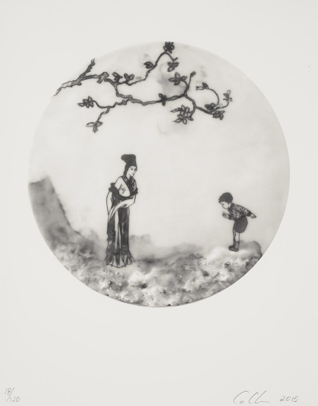 Print depicting a woman and a small child beneath a flowering tree branch.
