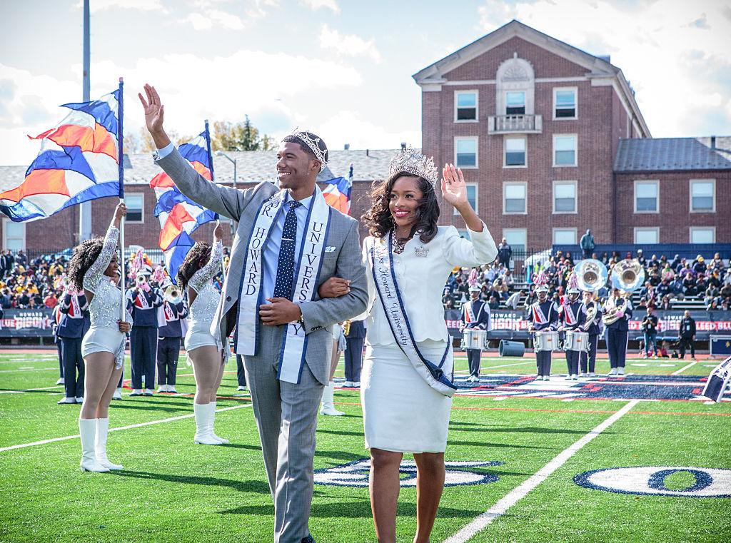 Howard University's marching band performs, as the school's Royal Court, (l-r), Jalen Saunders, Mr. Howard University 2016-2017, junior Biology major from Queens, New York, and Victoria Gray, Miss Howard University 2016-2017, senior Strategic, Legal and Management Communications major from Memphis, Tennessee, enter the field, during halftime of Howard's 93rd annual Homecoming game against North Carolina A&T on Saturday, October 22, at Greene Stadium on campus in Washington, DC.
