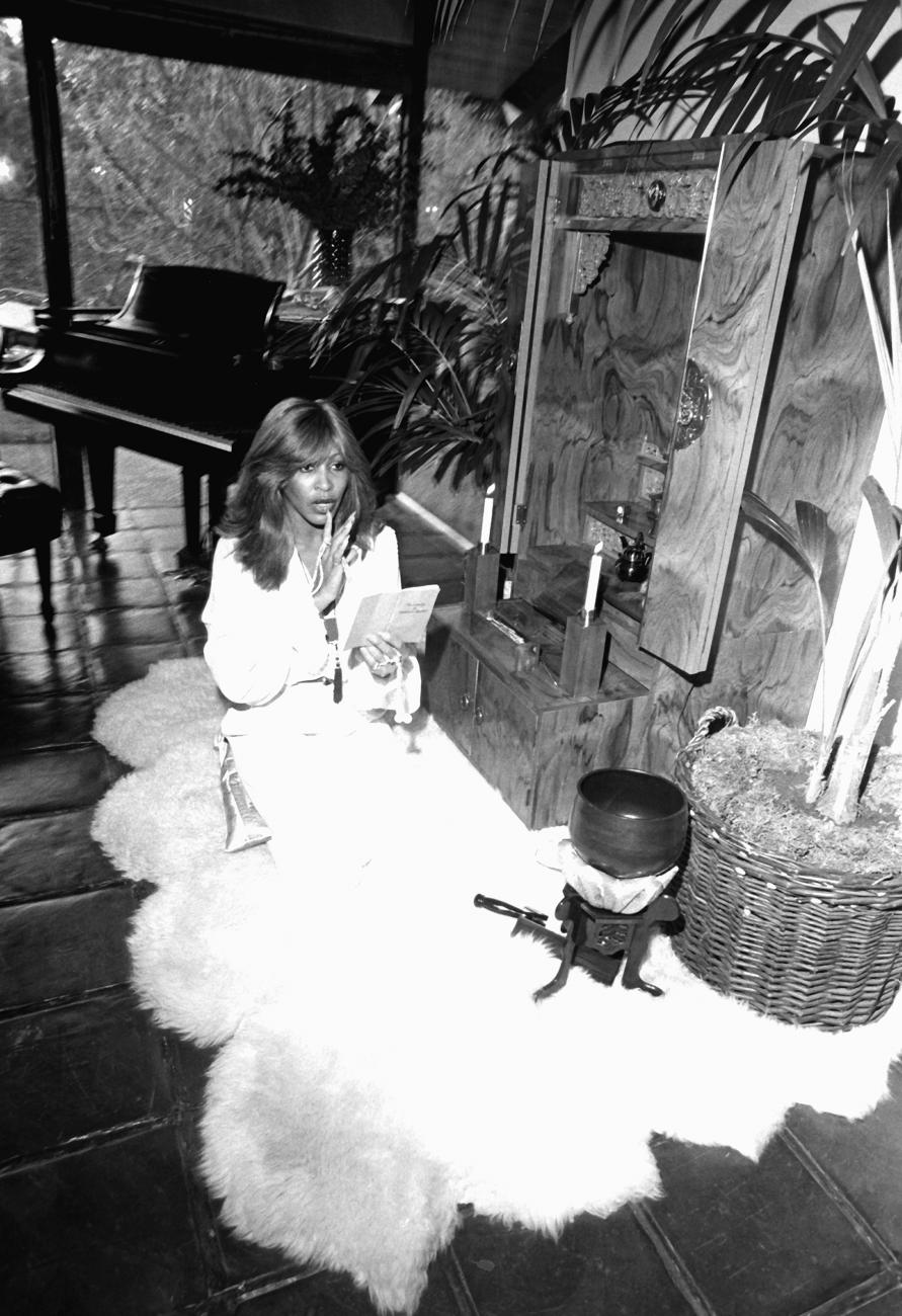 Image of Tina Turner Seated in a white dress