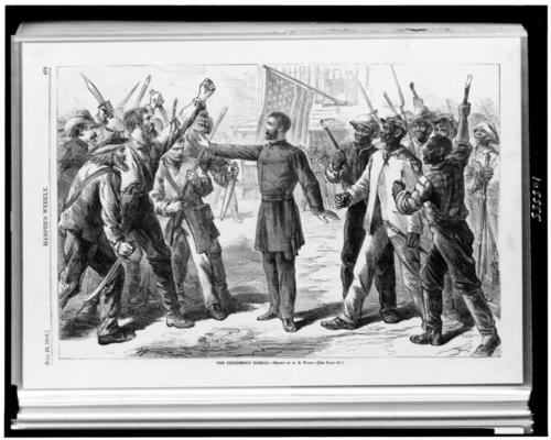 Image of a Bureau agent stands between armed groups of whites and Freedmen in this 1868 picture from Harper’s Weekly.